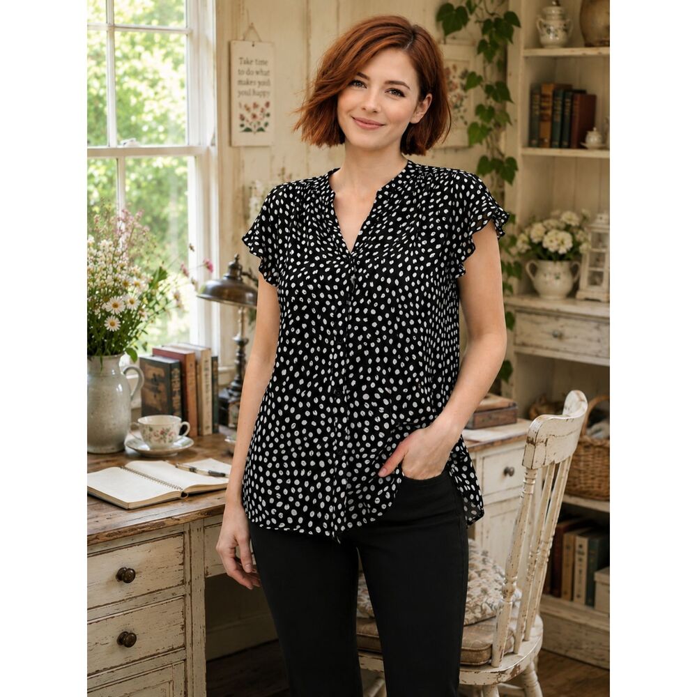 J. Crew Ruffle Sleeve Button Up Shirt Black White Polka Dots XXSmall NEW